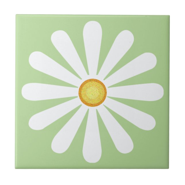 White daisy, yellow centre, on pale green tile (Front)
