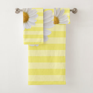 White Daisy Yellow Striped Personalized Bath Towel Set