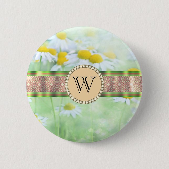 White Daisy's in Green Meadow Monogram 6 Cm Round Badge (Front)