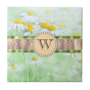 White Daisy's in Green Meadow Monogram Tile