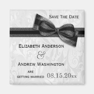 White Damask and Black Faux Bow Save The Date Magnet