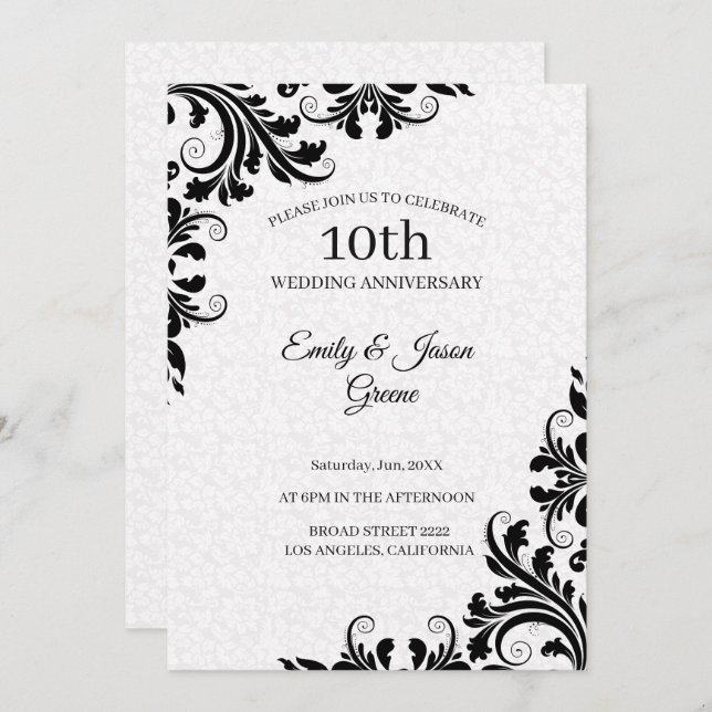 White Damask And Black Swirls Invitation (Front/Back)