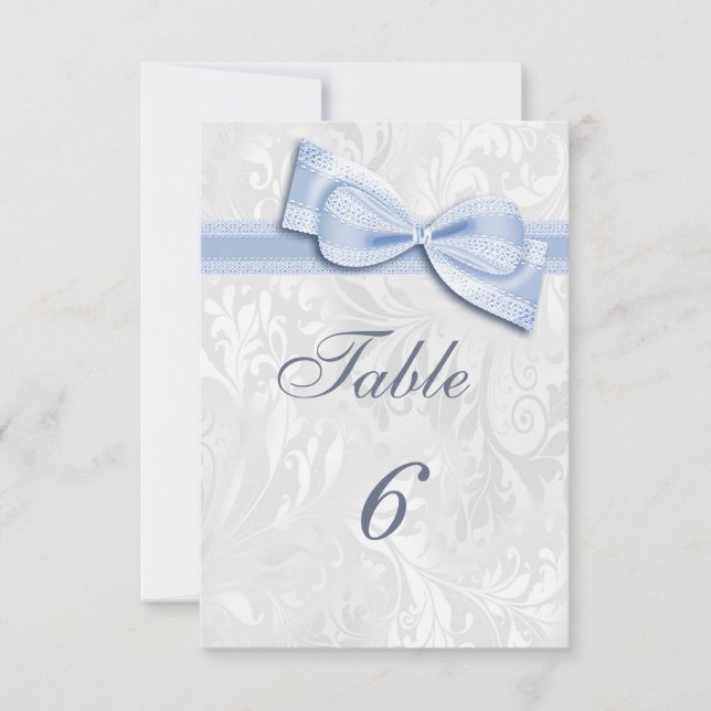 White Damask and Blue Faux Bow Invitation (Front)