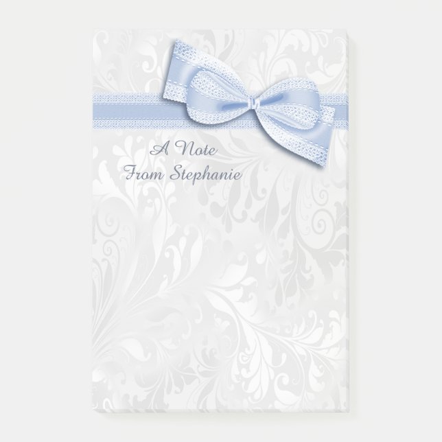 White Damask and Blue Faux Bow Post-it Notes (Front)