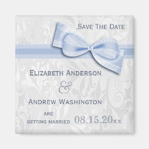 White Damask and Blue Faux Bow Save The Date Magnet