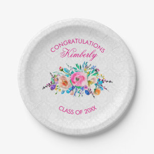 White Damask And Bouquet- Graduations Paper Plate