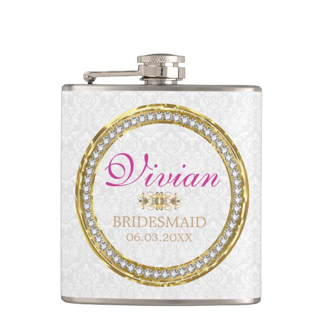 White Damask And Diamonds Hip Flask (Front)