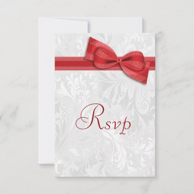 White Damask and  Faux Bow RSVP Card (Front)