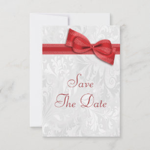 White Damask and Faux Bow Save The Date Invitation