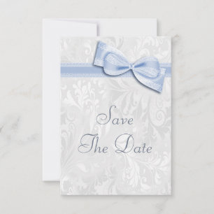 White Damask and Faux Bow Save The Date Invitation