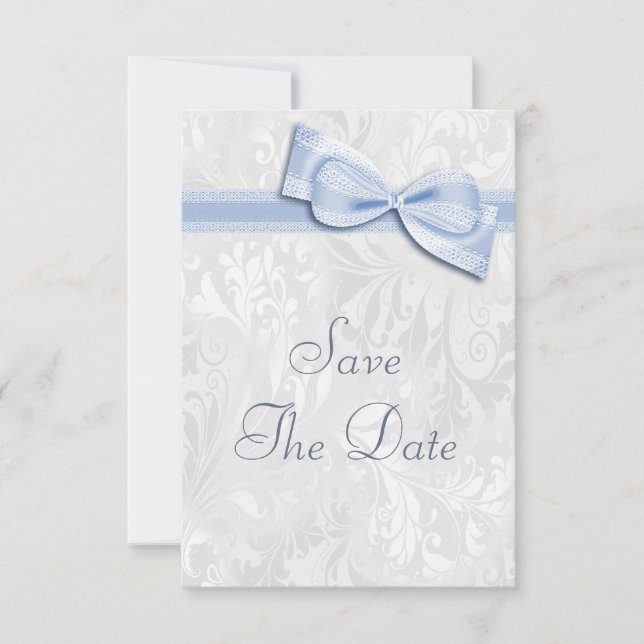 White Damask and  Faux Bow Save The Date Invitation (Front)