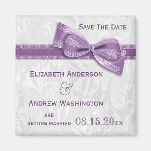 White Damask and Faux Bow Save The Date Magnet