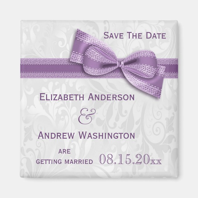 White Damask and Faux Bow Save The Date Magnet (Front)