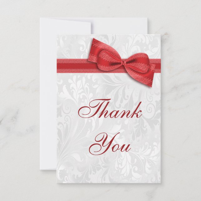 White Damask and  Faux Bow Thank You Card (Front)