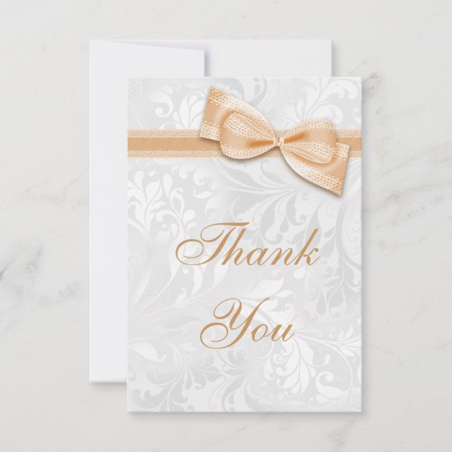 White Damask and  Faux Bow Thank You Card (Front)