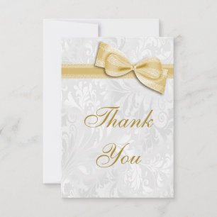 White Damask and Faux Bow Thank You Card