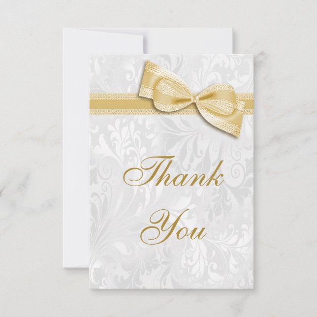 White Damask and  Faux Bow Thank You Card (Front)