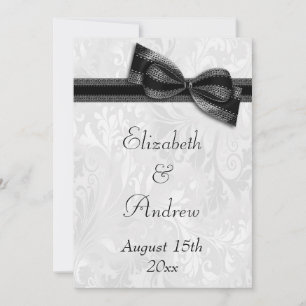 White Damask and Faux Bow Wedding Invitation