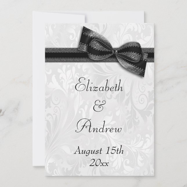 White Damask and Faux Bow Wedding Invitation (Front)