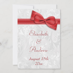 White Damask and Faux Bow Wedding Invitation