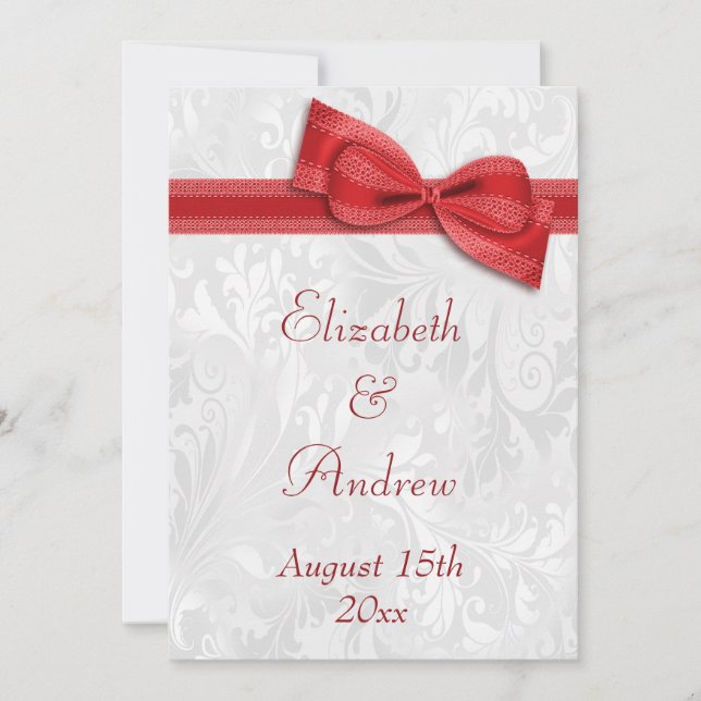White Damask and Faux Bow Wedding Invitation (Front)