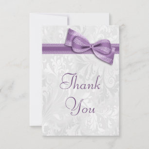 White Damask and Faux Bow Wedding Thank You Card