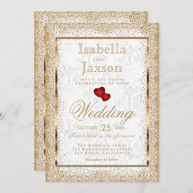 White Damask and Gold Confetti Invitation (Front/Back)