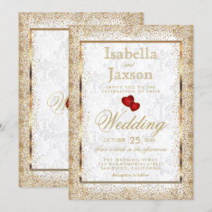 White Damask and Gold Confetti Invitation
