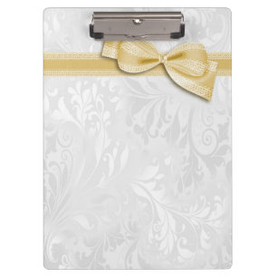 White Damask and Gold Faux Bow Clipboard