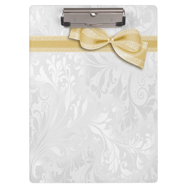 White Damask and Gold Faux Bow Clipboard (Front)