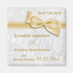 White Damask and Gold Faux Bow Save The Date Magnet