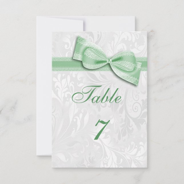 White Damask and  Green Faux Bow Invitation (Front)