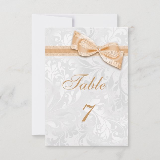 White Damask and  Peach Faux Bow Invitation (Front)