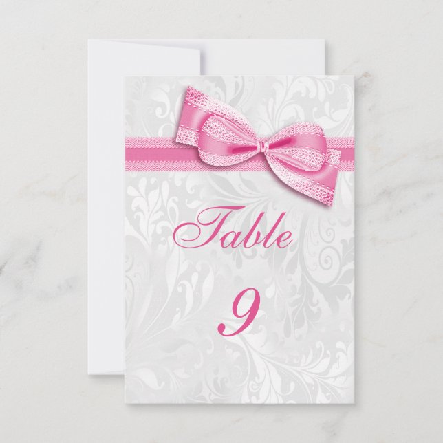 White Damask and Pink Faux Bow Invitation (Front)
