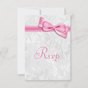 White Damask and Pink Faux Bow RSVP Card