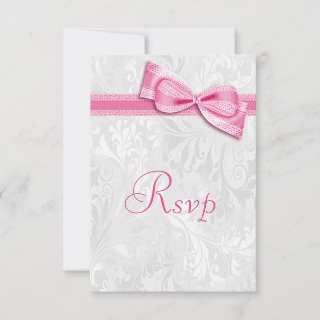 White Damask and Pink Faux Bow RSVP Card (Front)