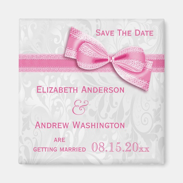 White Damask and Pink Faux Bow Save The Date Magnet (Front)