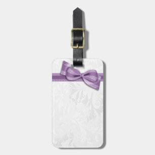 White Damask and Purple Faux Bow Luggage Tag