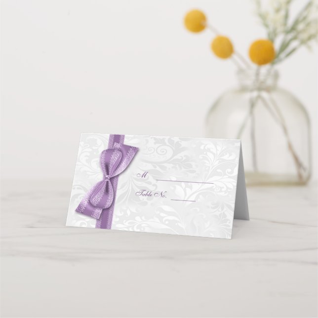 White Damask and Purple Faux Bow Place Card (Front)