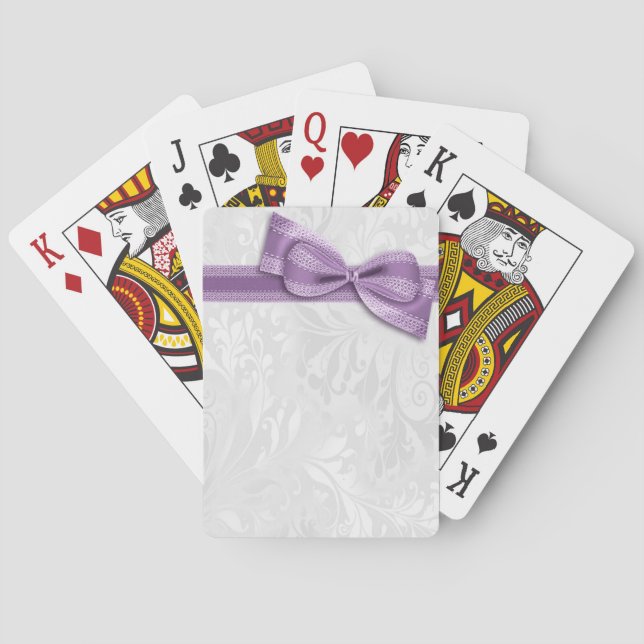White Damask and  Purple Faux Bow Playing Cards (Back)