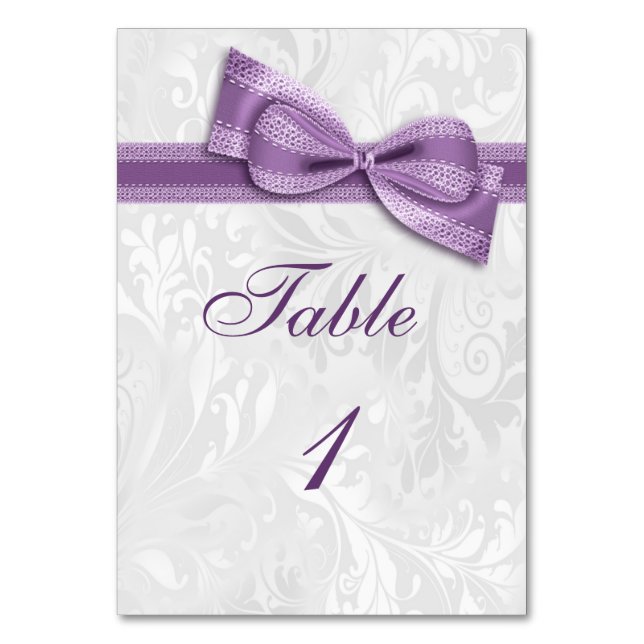 White Damask and Purple Faux Bow Table Number (Front)