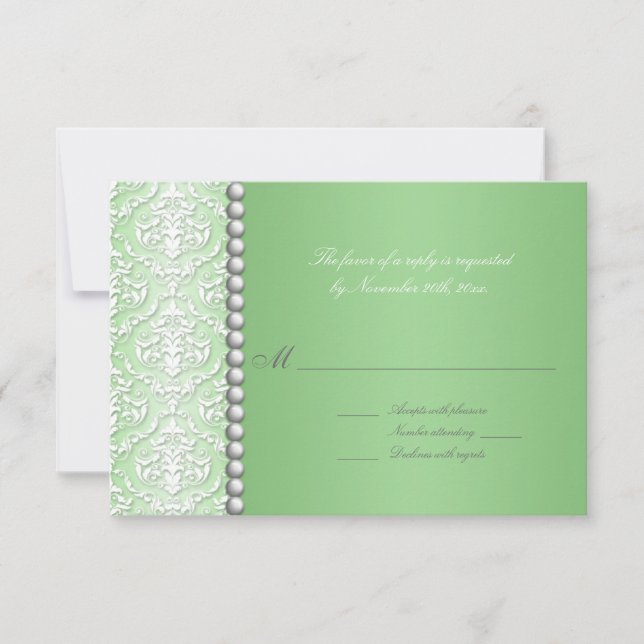 White Damask & Bead Green Wedding Reply/RSVP Cards (Front)
