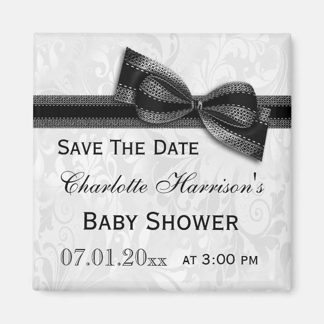 White Damask & Black Bow Baby Shower Save The Date Magnet (Front)