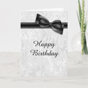 White Damask & Black Faux Bow Female Birthday Card