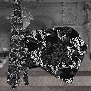 White Damask Black Floral Wedding Neck Tie