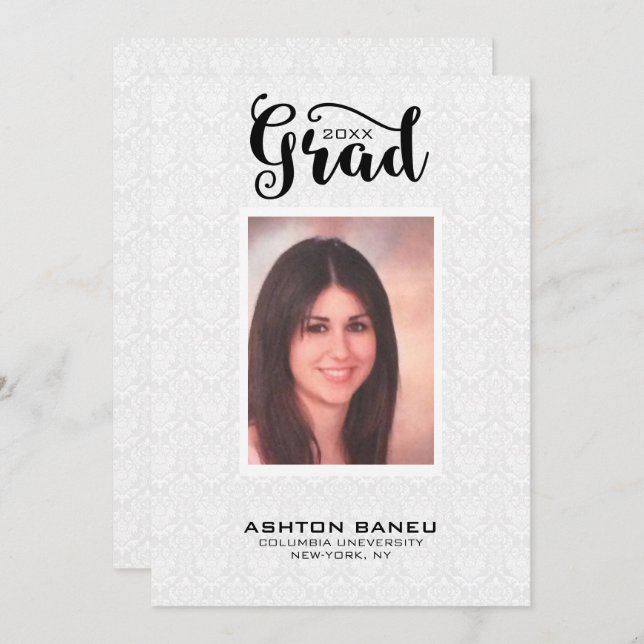 White Damask Black Typography-Graduation Invitation (Front/Back)