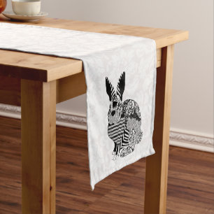 White Damask Black White Rabbit Short Table Runner