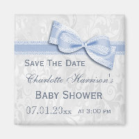 White Damask & Blue Bow Baby Shower Save The Date