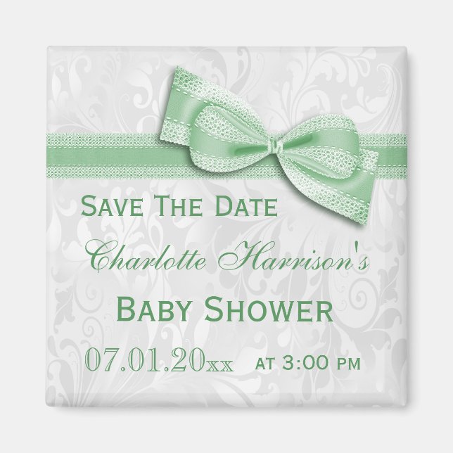 White Damask &  Bow Baby Shower Save The Date Magnet (Front)