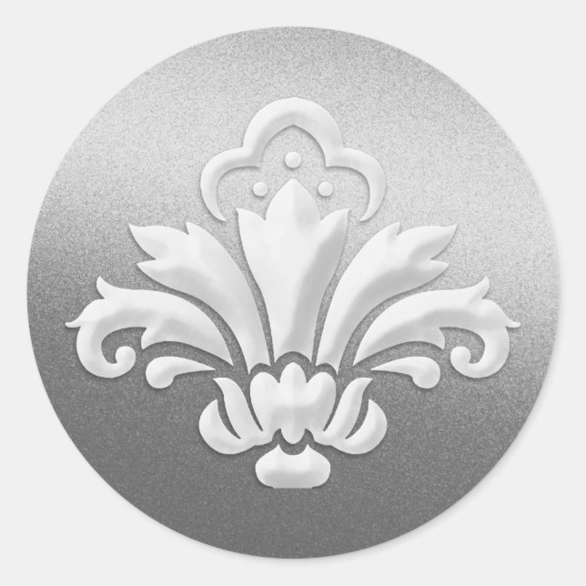White Damask Design on Silver Shimmer Classic Round Sticker (Front)